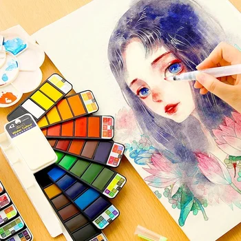 

Professional Solid Watercolor Paint Set :18/25/33/42 Colors Art Set With Water Brush Pen Foldable Water Color Painting Pigment