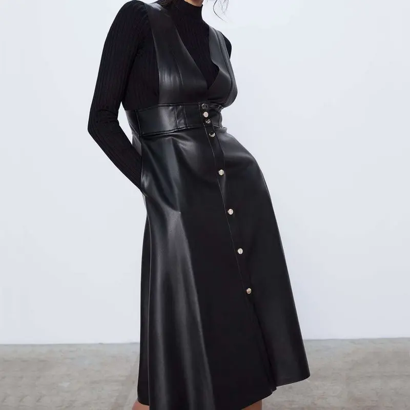 Online 2020 di Modo di Autunno di Inverno Delle Donne Midi Mid Vitello di Cuoio Del Faux Abiti Carro Armato Ufficio Signore A Line Con Scollo A V Bottoni Tasche DELL UNITÀ di elaborazione vestito