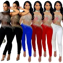 

Women's new casual fashion sexy perspective body hot drill one-piece tights