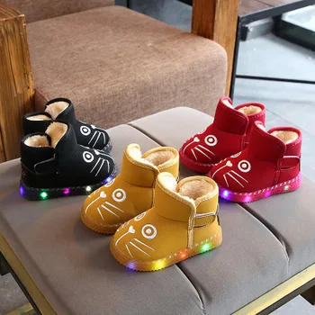 

High Quality Kids PU Boots Shoes Children Baby LED Light Up Luminous Sneakers Winter Warm Snow Hook&Loop Boot