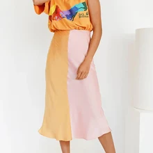

Female Summer Fashion Ladies Simple Zipper Elegant Bottom 2021 Spring Women's Satin Contrast High Waist Midi Skirts A-Line Skirt