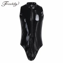 Черное Мужское нижнее белье из лакированной кожи цельный купальник на молнии без рукавов Wetlook Комбинезон Мужская одежда для ночного клуба