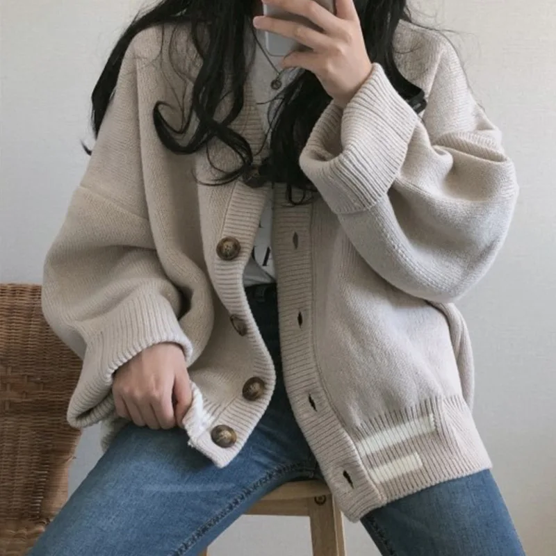 

Women's Korean Style V-neck Knitted Cardigan Sweater Autumn Long Sleeve Loose Cardigans Woman Oversize Winter Sweaters Female