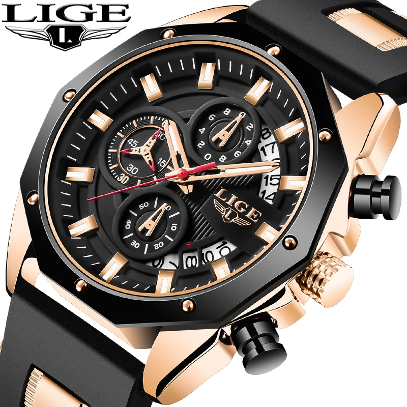 

Top LIGE Brand Luxury Men Watch Relojes hombre 2020 Fashion Sport Silicone Waterproof Quartz Watch Casual Chronograph Watch Men