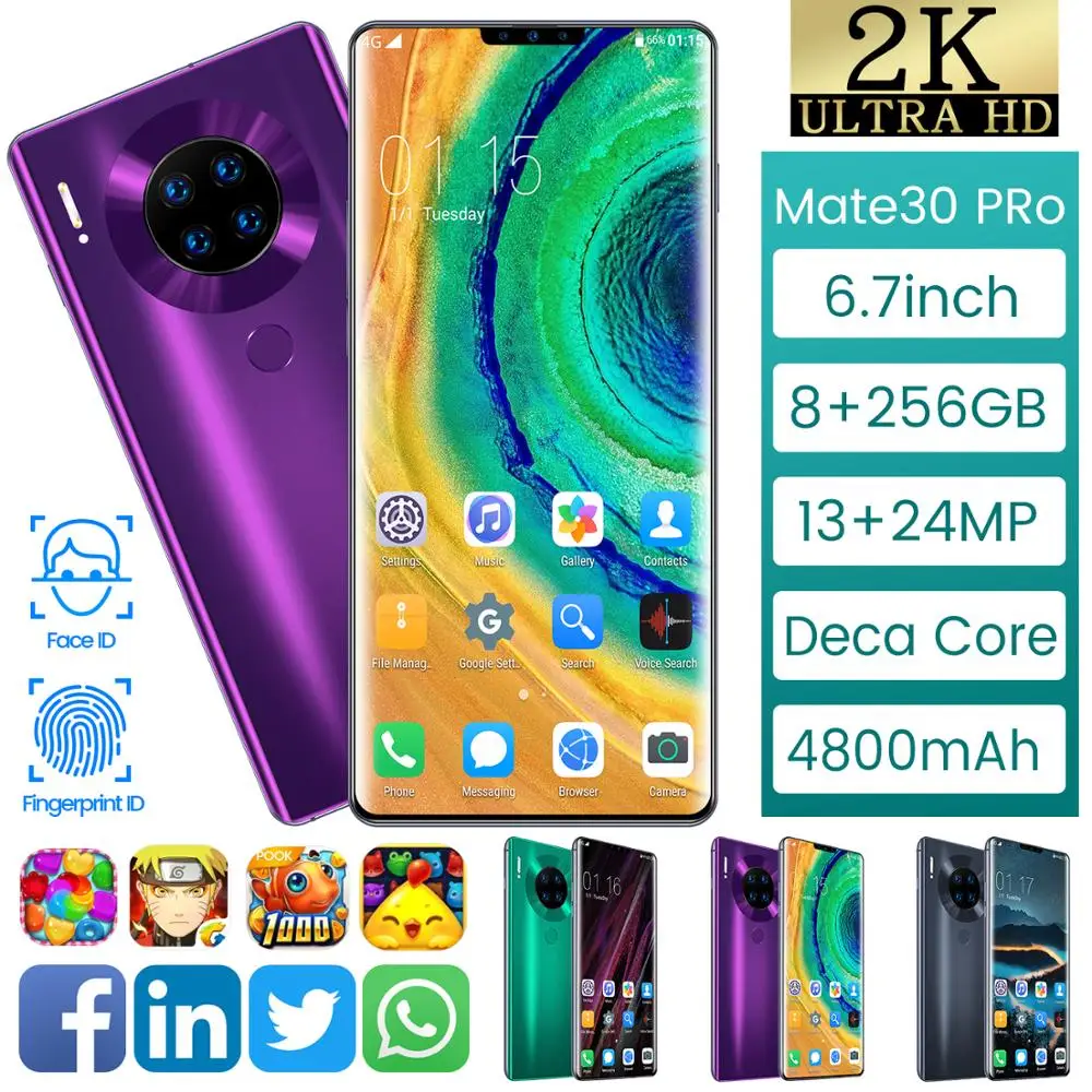 Mate30 Android 4G 3G смартфон 6 7 &quotразблокированный отпечаток пальца лица мобильные