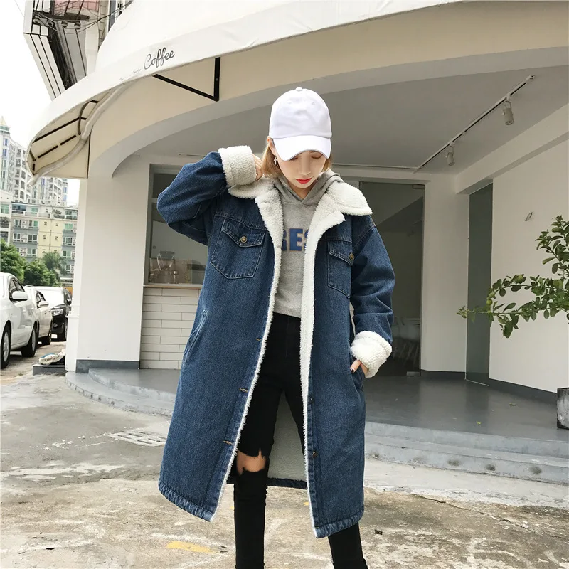 

2019 Winter Korean-style Loose And Plus-sized Fold-down Collar Lambs Wool Jeans Coat Women's Mid-length Brushed And Thick Cotton