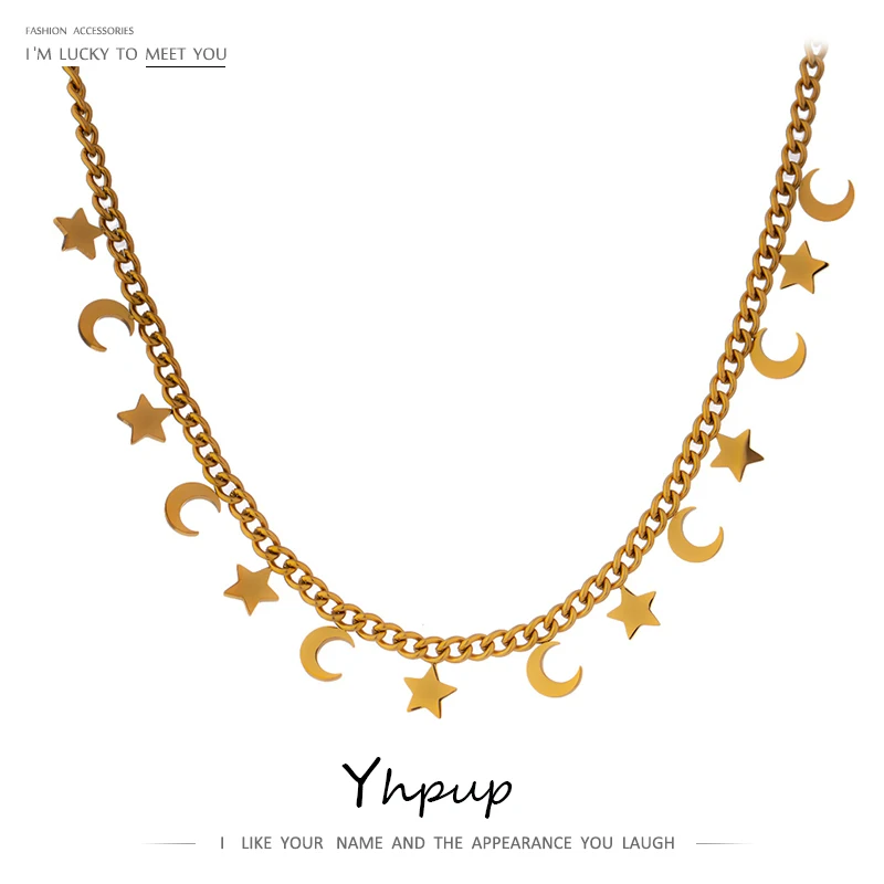 Chain Choker Necklace Jewelry-Accessories Star-Moon Stainless-Steel Gold-Color Yhpup Trendy