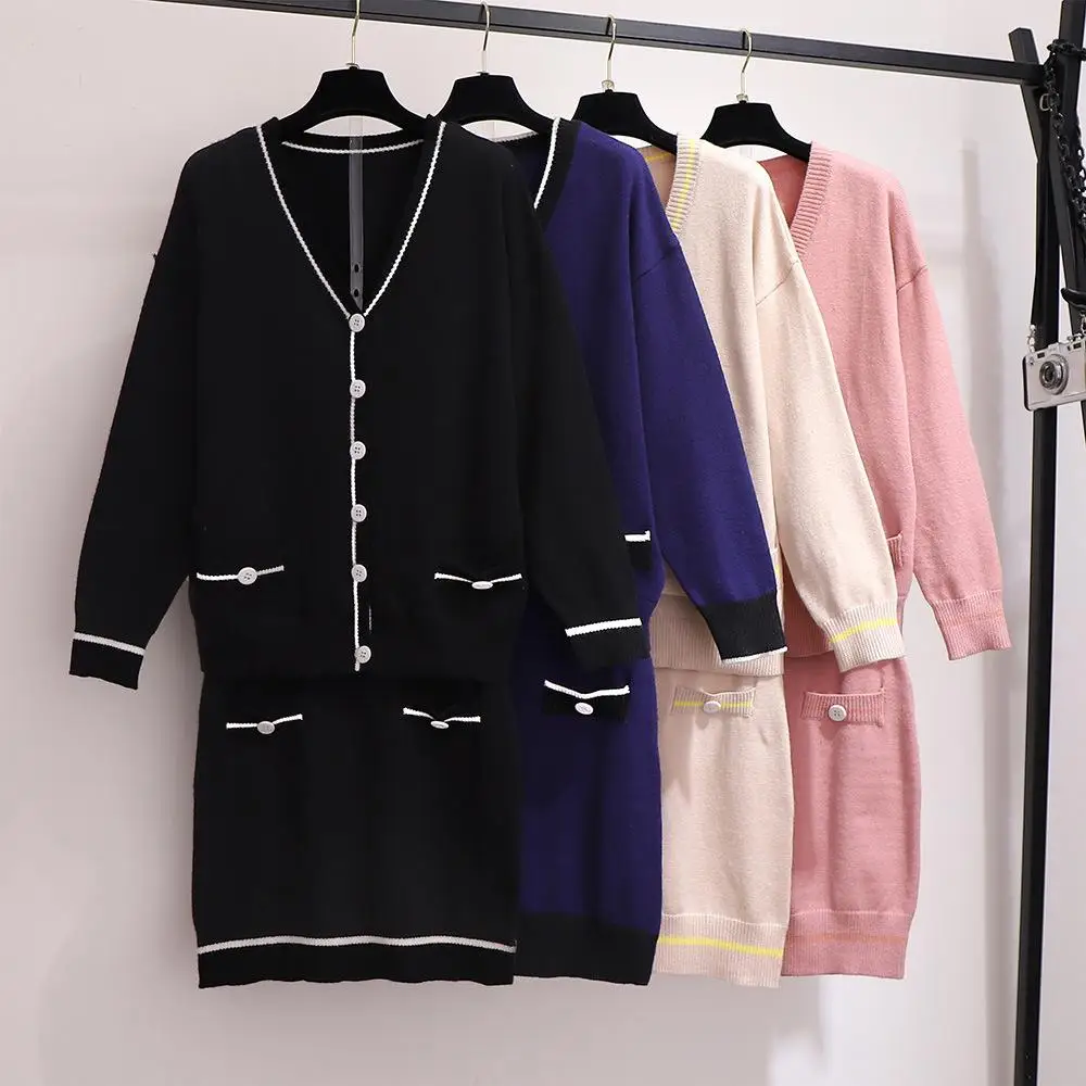 

Large size women's 2 piece set V Neck Elegant sweater+a word skirt autumn loose sweater casual Office Lady two-piece suit 5XL