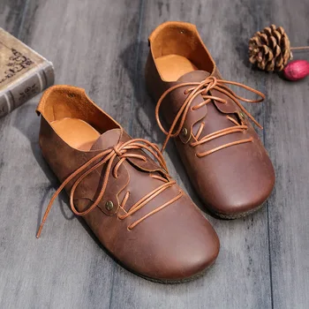 

Handmade Women Shoes Flat 100% Cow Leather Plain toe Lace up Ladies Shoes Flats Woman Moccasins Female Footwear