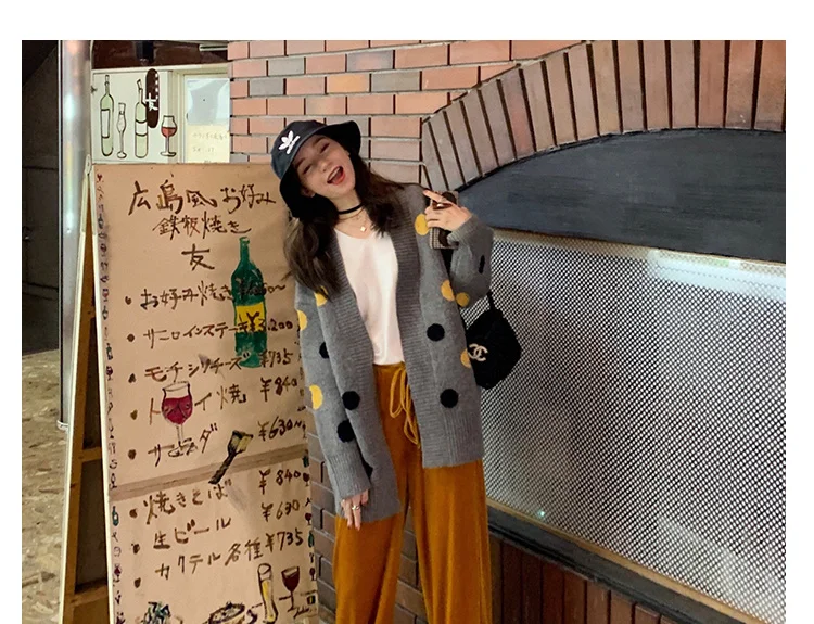Fall Winter Tops For Women 2019 Korean Style Vintage Polka Dot V Neck Oversized Cardigan Grey Knitted Wool Sweater Coat T420 Cardigans Aliexpress