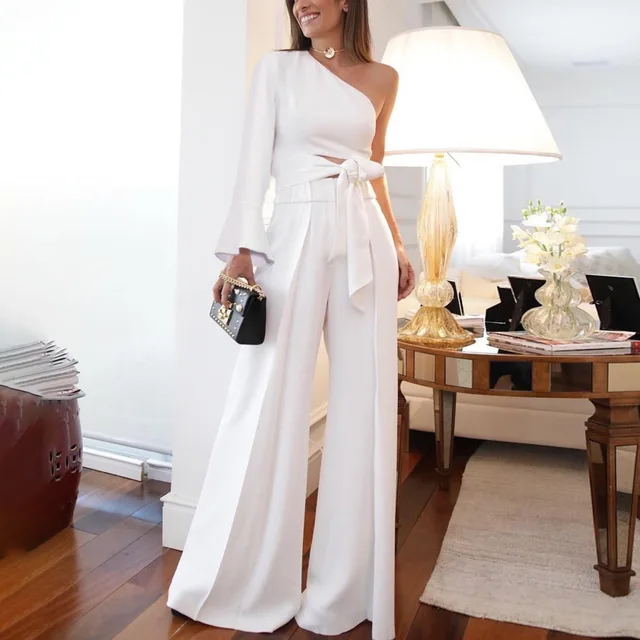 2021 New Spring  Autumn Single-shouldered Sleeve Belt Sexy Slim Onesie Two-piece Suit Pants for Women LOOSE  Bow White
