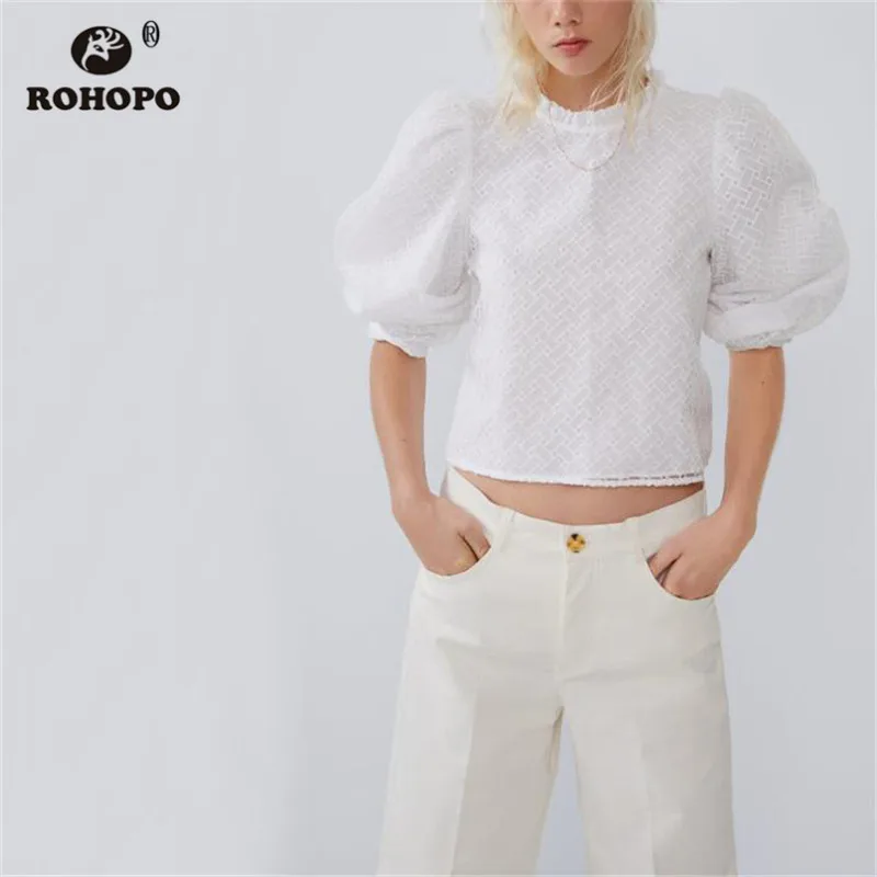 

ROHOPO Lace Jersey Plaid Tulle Organza Puff Long Skeeve White Blouse Ladies Round Collar Top Shirt #9517