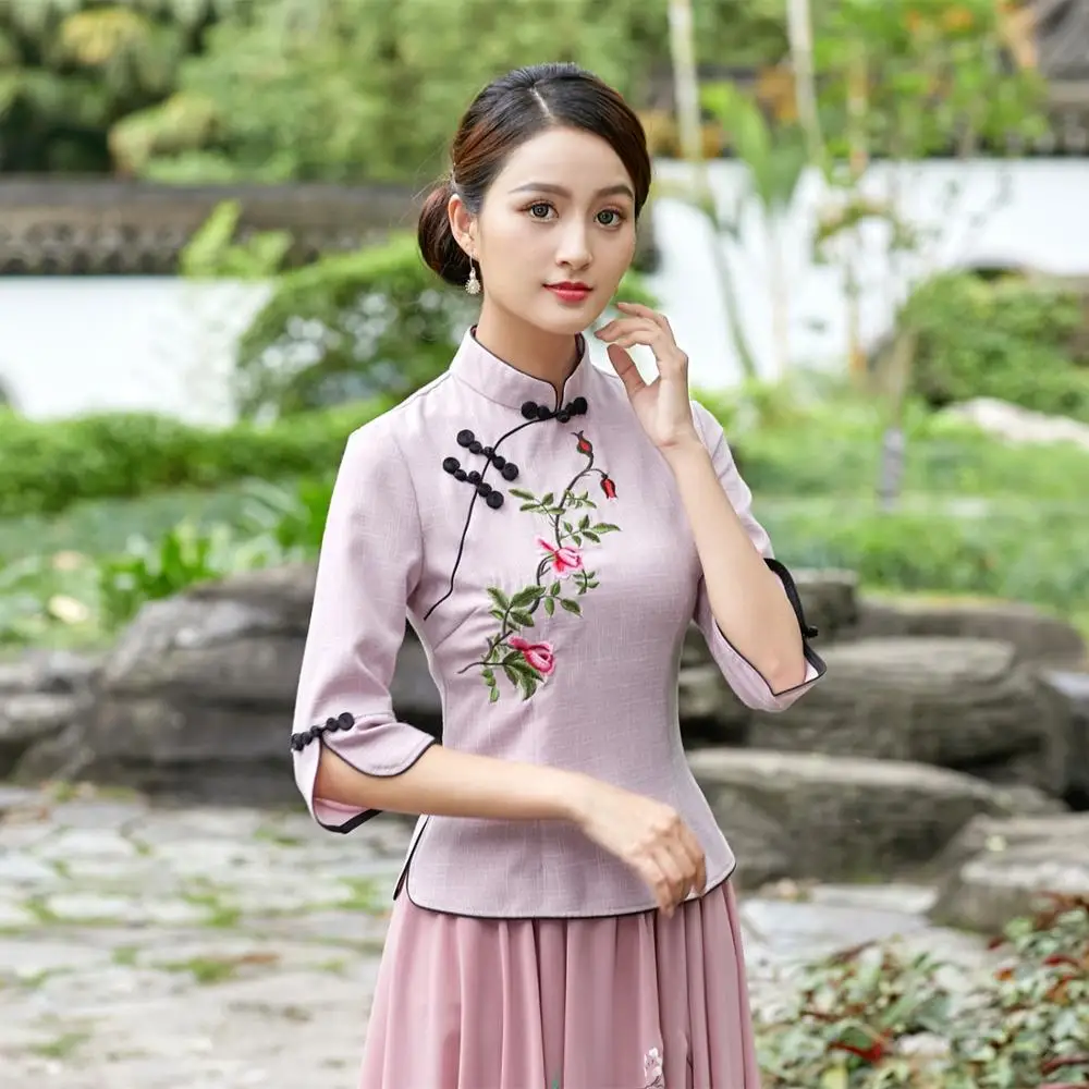 Women Cheongsam Tops Summer Embroidered 