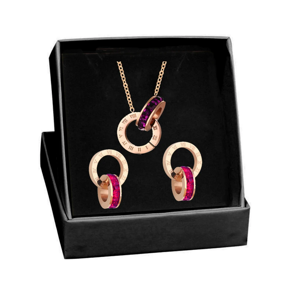 Elegant 316L Stainless Steel Jewelry Set: Roman Numeral Double - Circle Earrings & Necklace Adorned with Red and Black Crystals