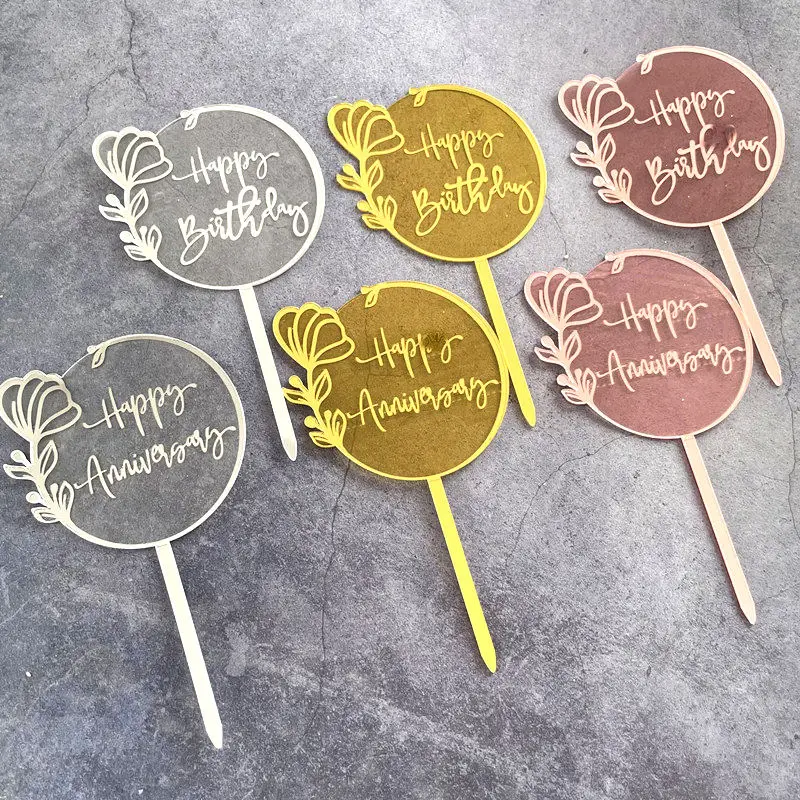 

Laser Engraving Happy Birthday Cake Topper Golden Acrylic Valentine's Day Cake Toppers for Baby Shower Birthday Party Decoration