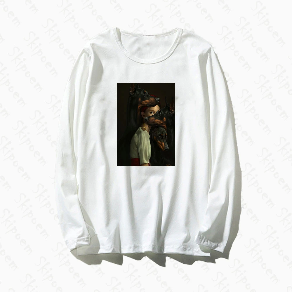 Retro Style Sexy Woman With Dog T-shirt Women Kawaii Korean Gothic Tumblr Cotton Plus Size Long Sleeve Top Tees Streetwear | Женская