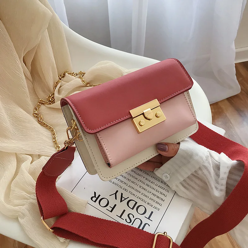 

Bags Origional Rectangular Contrast Color Bag INS New Style Hide Substance WOMEN'S Bag Wide Shoulder Chain Shoulder Bag Women's