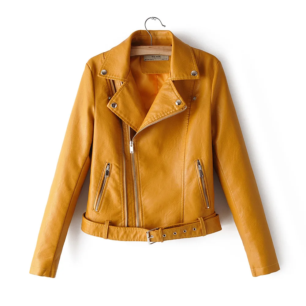 New Fall Women's Short PU Leather Jacket Red Black Yellow Rivet Cool Motorcycle Gothic Coat With Belt Trench Coat Outwear - Цвет: Yellow