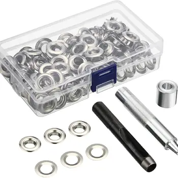 그로멧 도구 키트 100 세트, 그로밋 구멍 6mm 10mm 12mm 14mm 내경 실버 의류 신발 가방 가죽 공예 DIY