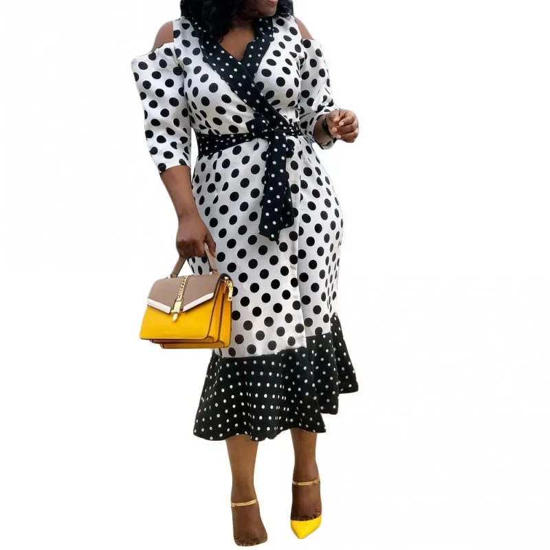 African Dresses For Women Polka Dot Stitching Lapel Slim Dress Elegant Party Dress Ladies Robes African Clothing Fall New 2021