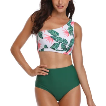 

Women Swimsuit Set Printed One Shoulder Top High Waist Panties Bikini Set for Swimming Beach ZJ55