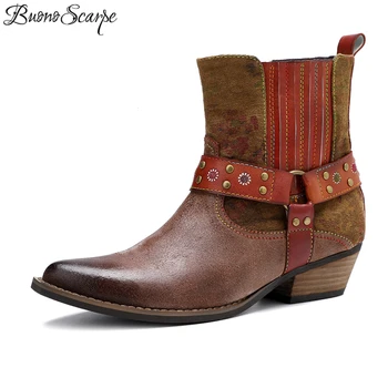 

Women Chelsea Boots Retro Ankle Boots Leather Belt Rivets Short Booties Real Leather Female Boots Quality Chunky Shoes Feniminal