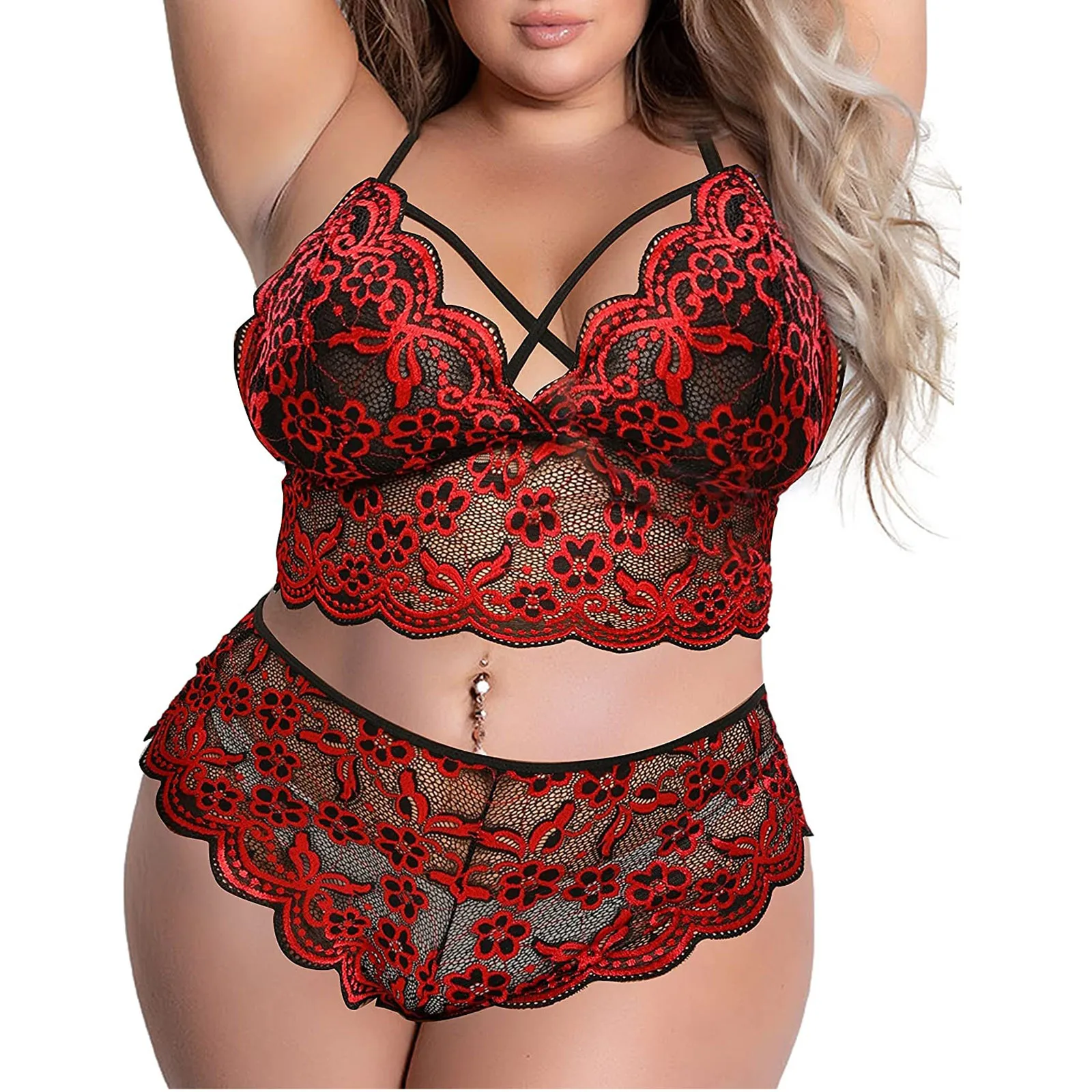 Comeondear Bra Set Lace Bralette Bra And Panty Set Cross Strap Women's  Underwear Set Plus Size Sexy Embroider Sensual Lingerie