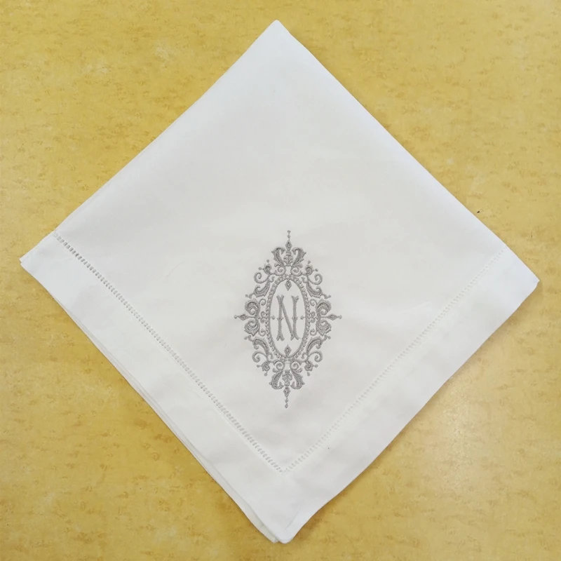 set-of-12-monogrammed-dinner-napkins-white-hemstitch-table-napkin-20-x20-ladder-color-embroidered-initial-n-tea-napkins