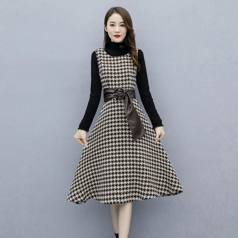 

Woolen Vest Women's Autumn And Winter Mid-length 2019 New Style Plaid Dress Two-Piece Set Sweater Base Skirt