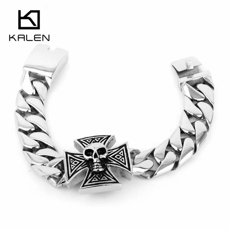 

Punk Cool Jewelry 316L Stainless Steel Skull And Cross Bracelets Heavy And Chunky Viking Skull Bracelets For Men 220mm