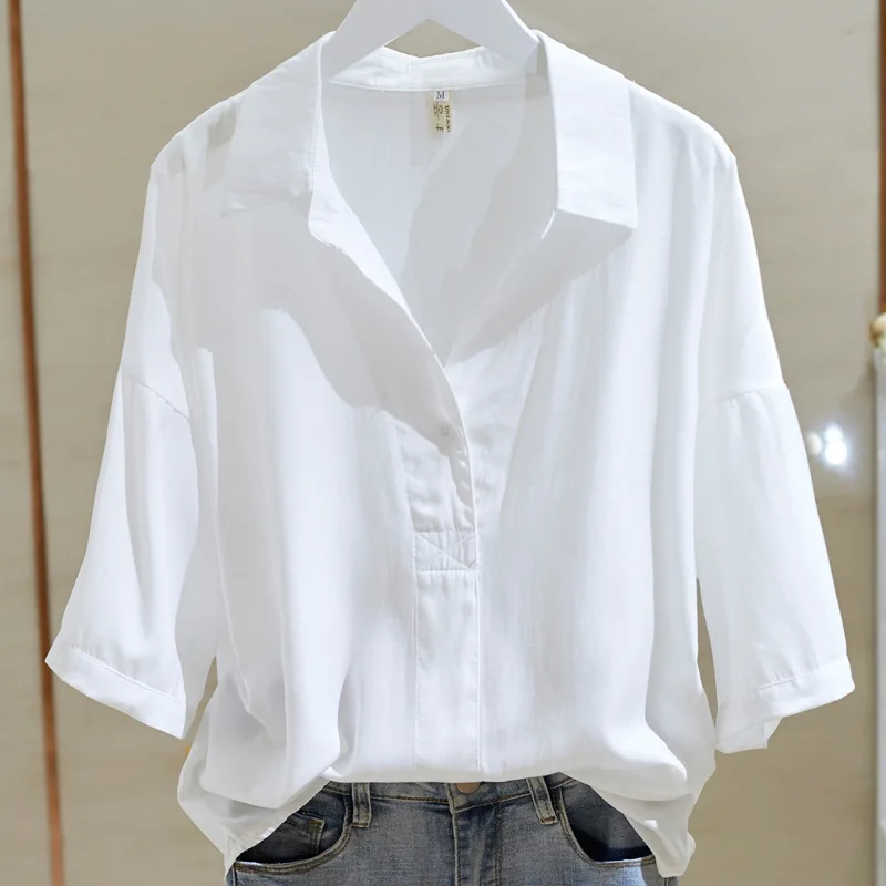 

Cotton Women Blouse Shirt 2021 Fashion Summer New Cottons Casual Womens V-Neck Section Shirts White/Blue Women Tops