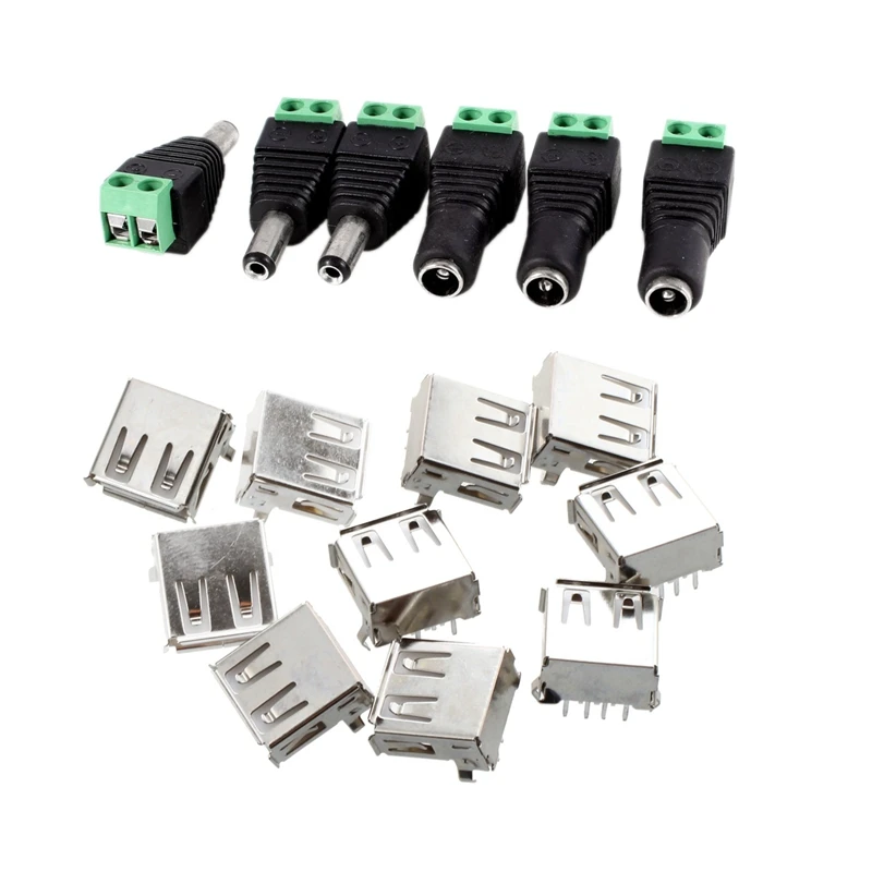 10Pcs USB Type-A Socket 90-Degree Female Connector Jack &amp 6 Pcs 5.5X2.1mm + Male CCTV DC Power | Компьютеры и офис