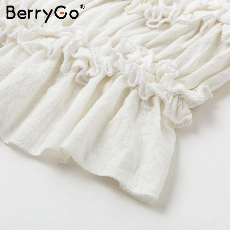 BerryGo винтажная белая хлопковая блузка Женская Осенняя блузка с рукавами-фонариками и вырезами кружевные короткие блузки с оборками для дам