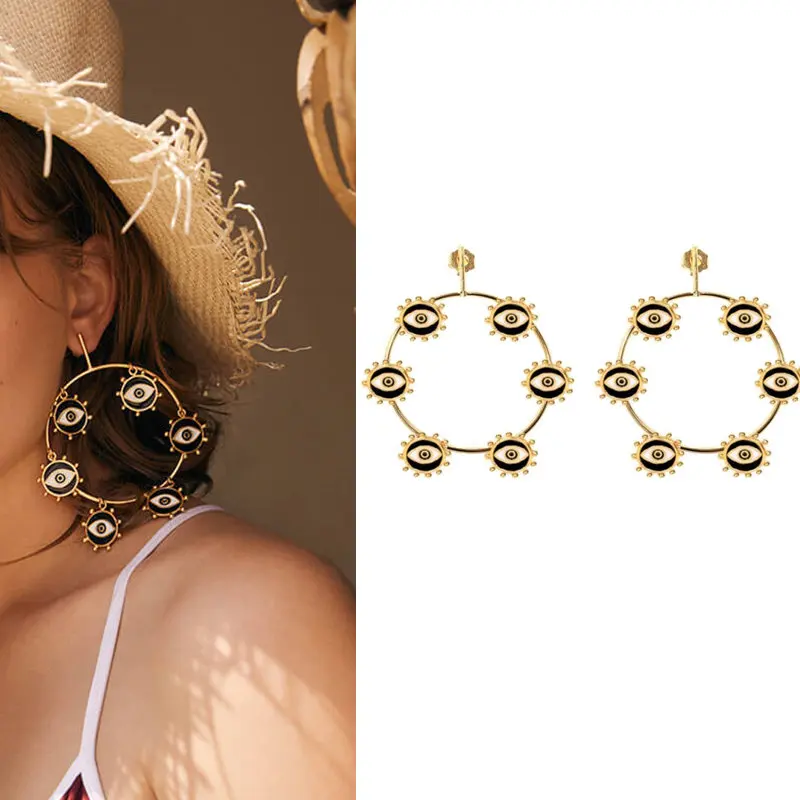 

AOMU 2019 Boho New Gold Color Big Loop Small Evil Eye Charm Dangle Earrings For Women Fashion Statement Earring Jewelry Set