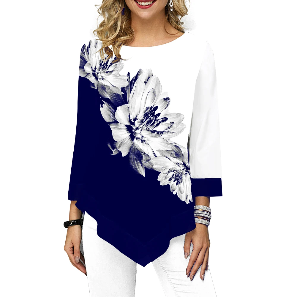 Женская рубашка с цветочным принтом, асимметричный подол, осенняя блузка и топы для женщин, цветочный принт, круглый вырез, модные женские блузы, Camisa D35 - Цвет: Тёмно-синий