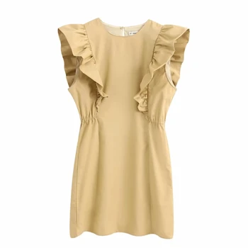 

2020 Women Elegant o neck sleeveless pleated ruffles casual slim mini Dress Female solid vest Vestidos Chic brand Dresses DS3440