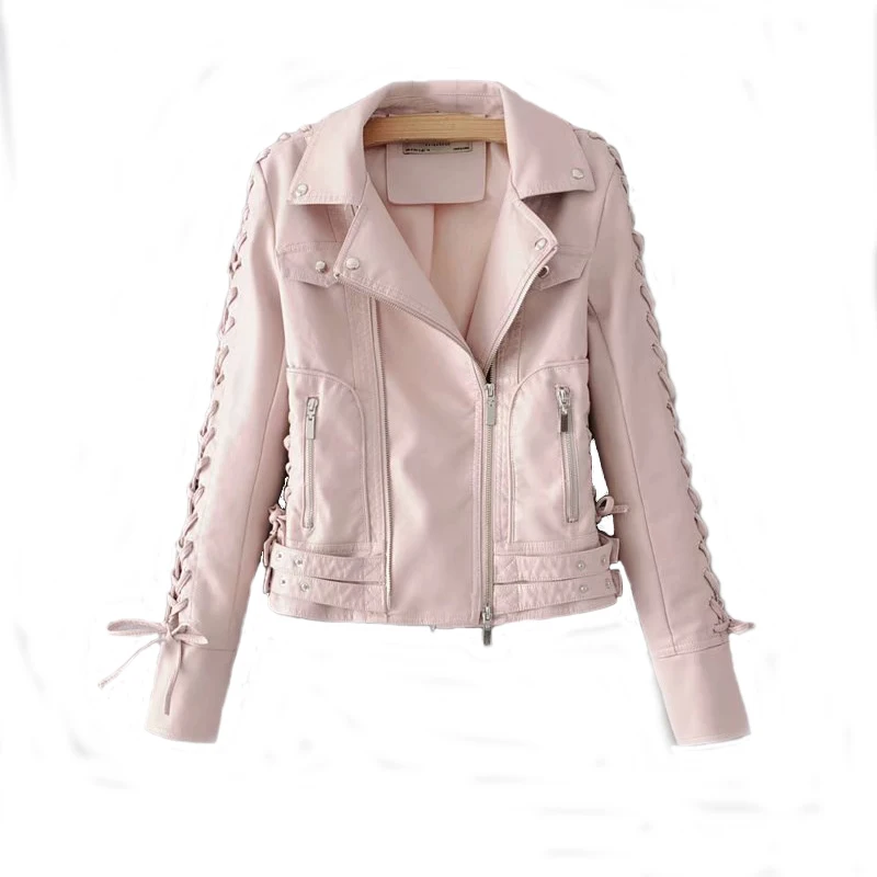 2019 розовые женские Куртки из искусственной кожи весенне-осенние шикарные