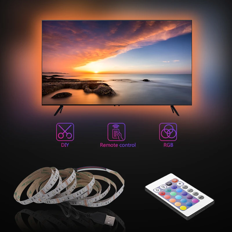 Tira de luces LED USB 2835 RGB, Flexible, 1M, 2M, 3M, 4M, 5M, DC5V, Color blanco cálido, iluminación de fondo de TV cambiable