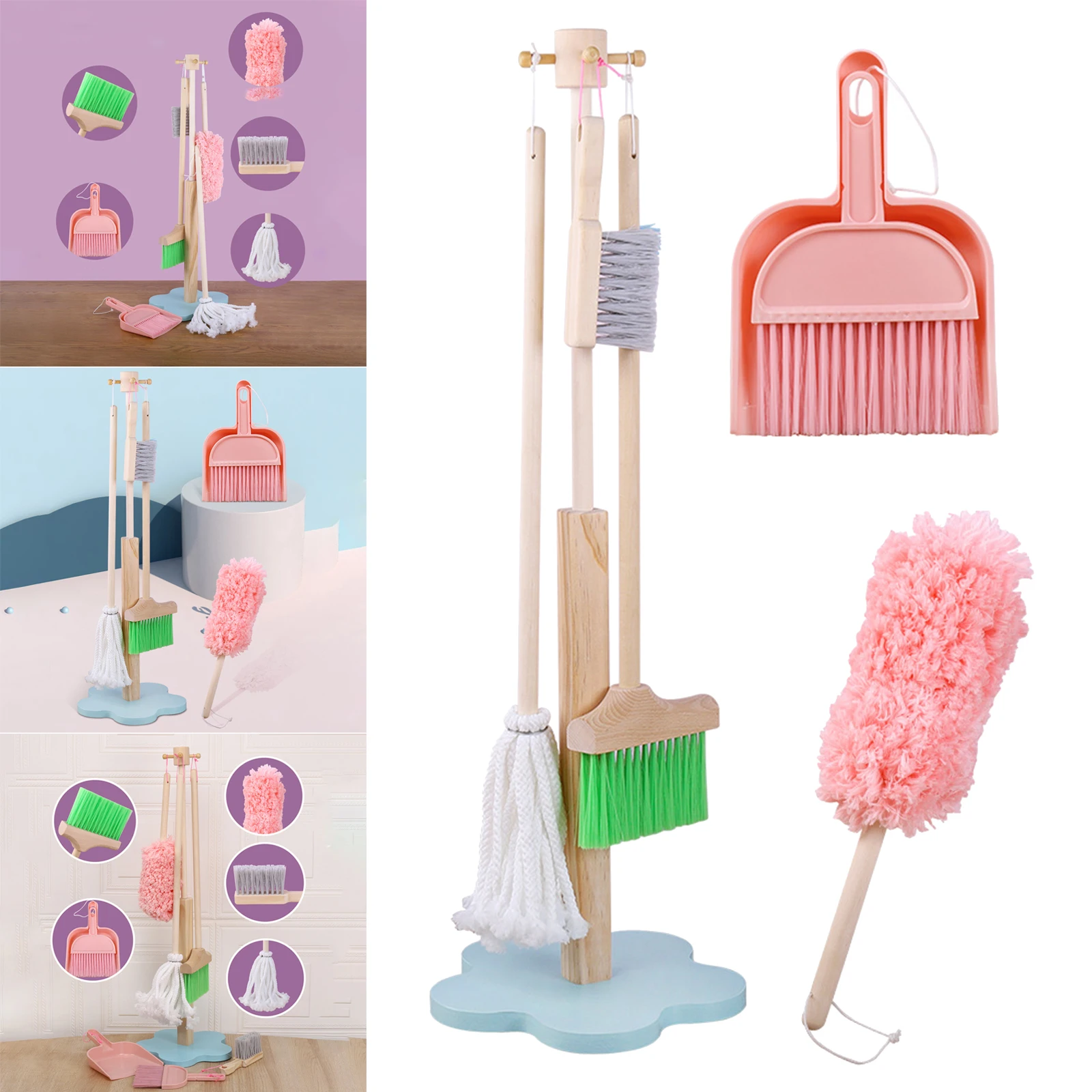Wooden Children Cleaning Tools Set Mini Broom Mop Dustpan for Kids Housework 5