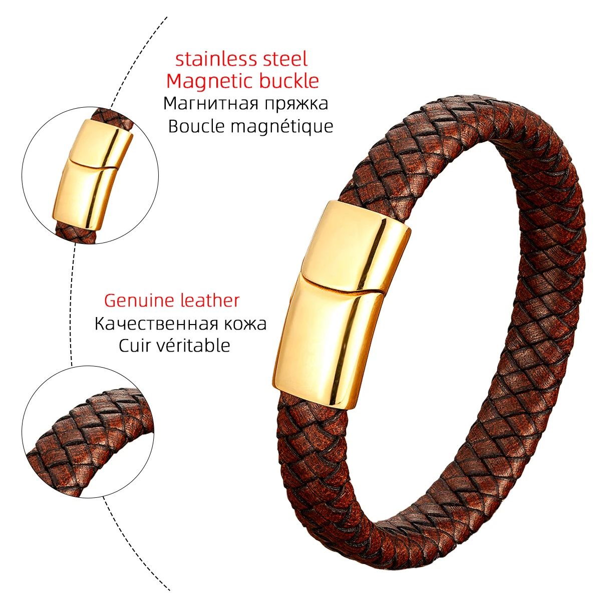Fashion Men Jewelry Brown Braided Leather Rope Bracelet Stainless Steel Magnetic Buckle for bracelet jewelry