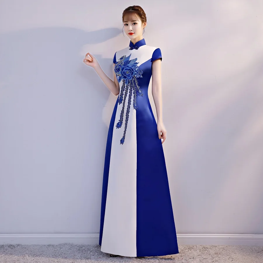 Элегантное женское тонкое платье с воротником-стойкой, длина до пола, Cheongsam, большой размер 3XL, китайское традиционное платье с цветочной вышивкой, Qipao