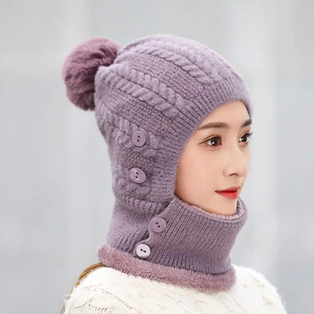 MISSKY Lady Warm One-piece Women Hat-Mask-Scarf Winter Thicken Knitting Wool Ball Riding Outdoor Beanies For Female - Цвет: purple