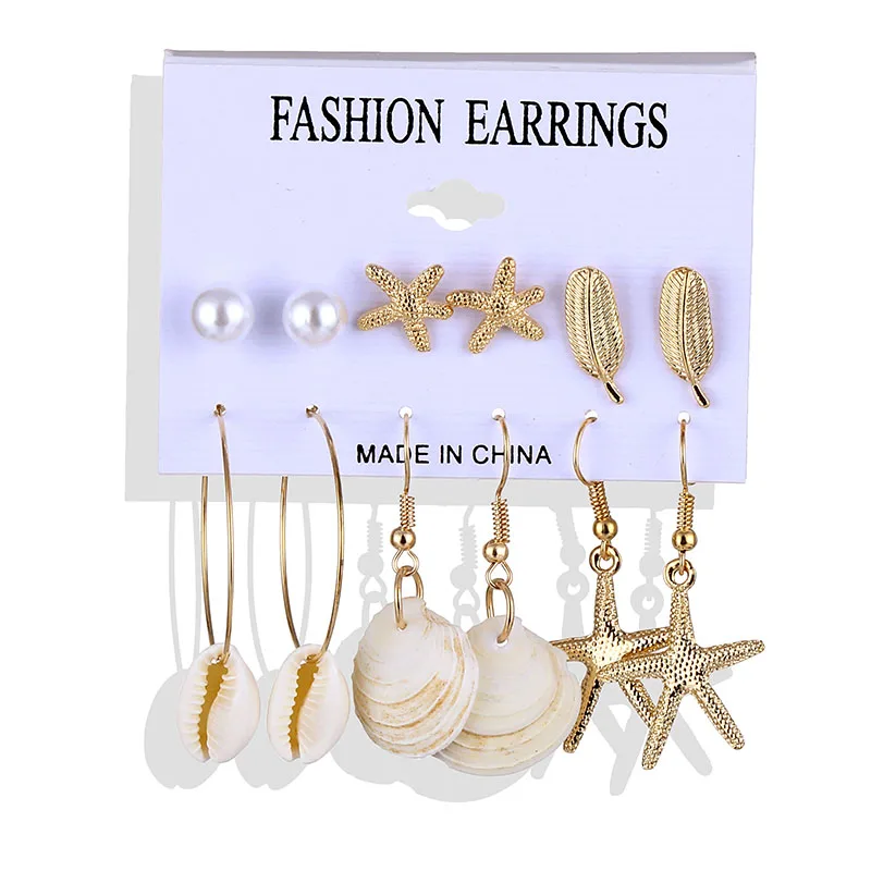 VKME fashion shell earrings set ladies bohemian flowers long tassel earrings 6 pairs / set ladies Brincos Beach Jewelry - Окраска металла: ZL0000624-2