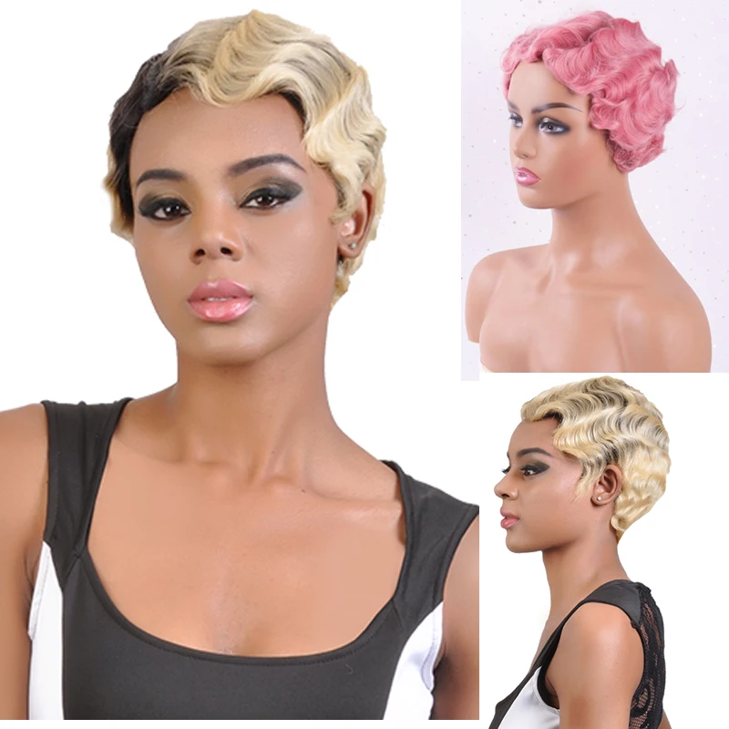 

LINGHANG Short Curly Hair High Temperature Synthetic Finger Wave Wig Pink Black Gold 4 Types Suitable for African American Women