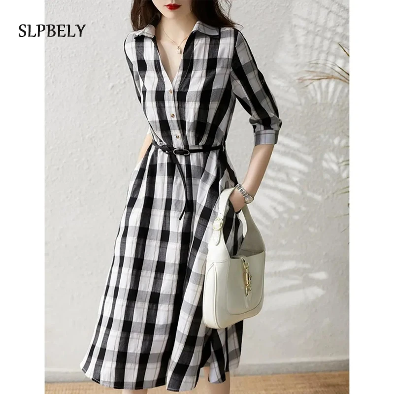 

SLPBELY Women Elegant Plaid Dress With Belt Summer French Retro High Waist V Neck Half Sleeve Party Dress Female Casual Dress