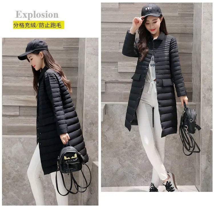 Brand Thin down Jacket Women's Mid-length Winter New Style Korean-style Fashion Slim Fit White Duck down Feather Coat