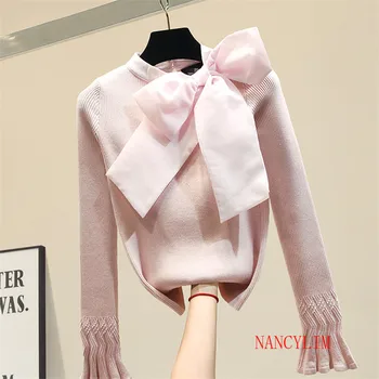 

Fashin Gauze Butterfly Knotted Rabbit Velvet Knitted Shirt Ladies Autumn Women's Knit Jumper Sweater Girls Flare Sleeve Sweaters