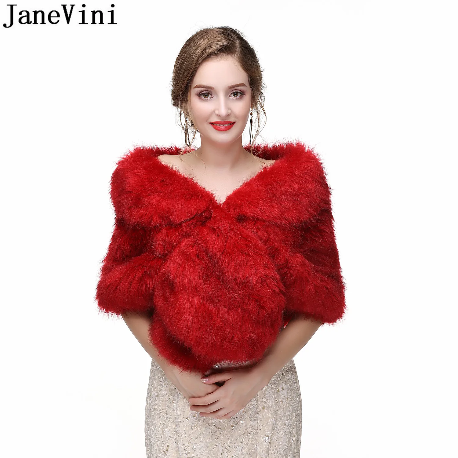 JaneVini 2021 Red Winter Bridal Faux Fur Jacket Bride Coat Gray Fake Fox Fur Wedding Capes Wraps Boleros Shawls Veste Fourrure