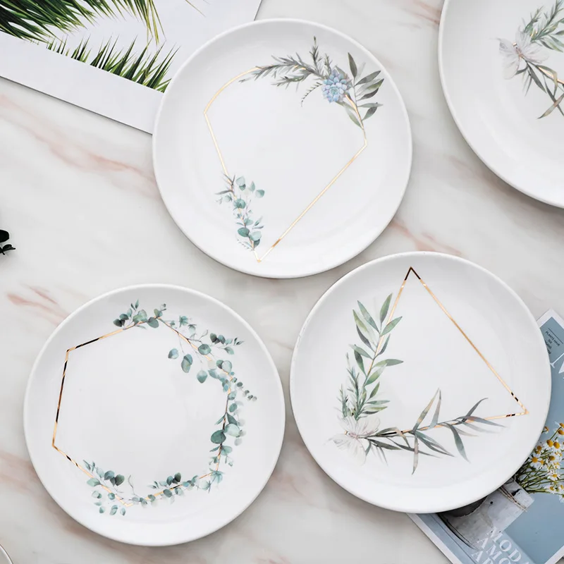 

3 pieces Leaves Painting Round Ceramic Dinner Plate Underglazed Porcelain Plate Breakfast Cake Dessert Tray Steak Snack Dish