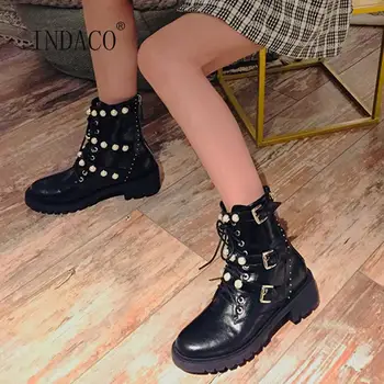 

Fashion Patent Leather Martins Boots Buckle Rivets Leather Boots Women Cross Striped Motorcycle Boots Warm Shoes